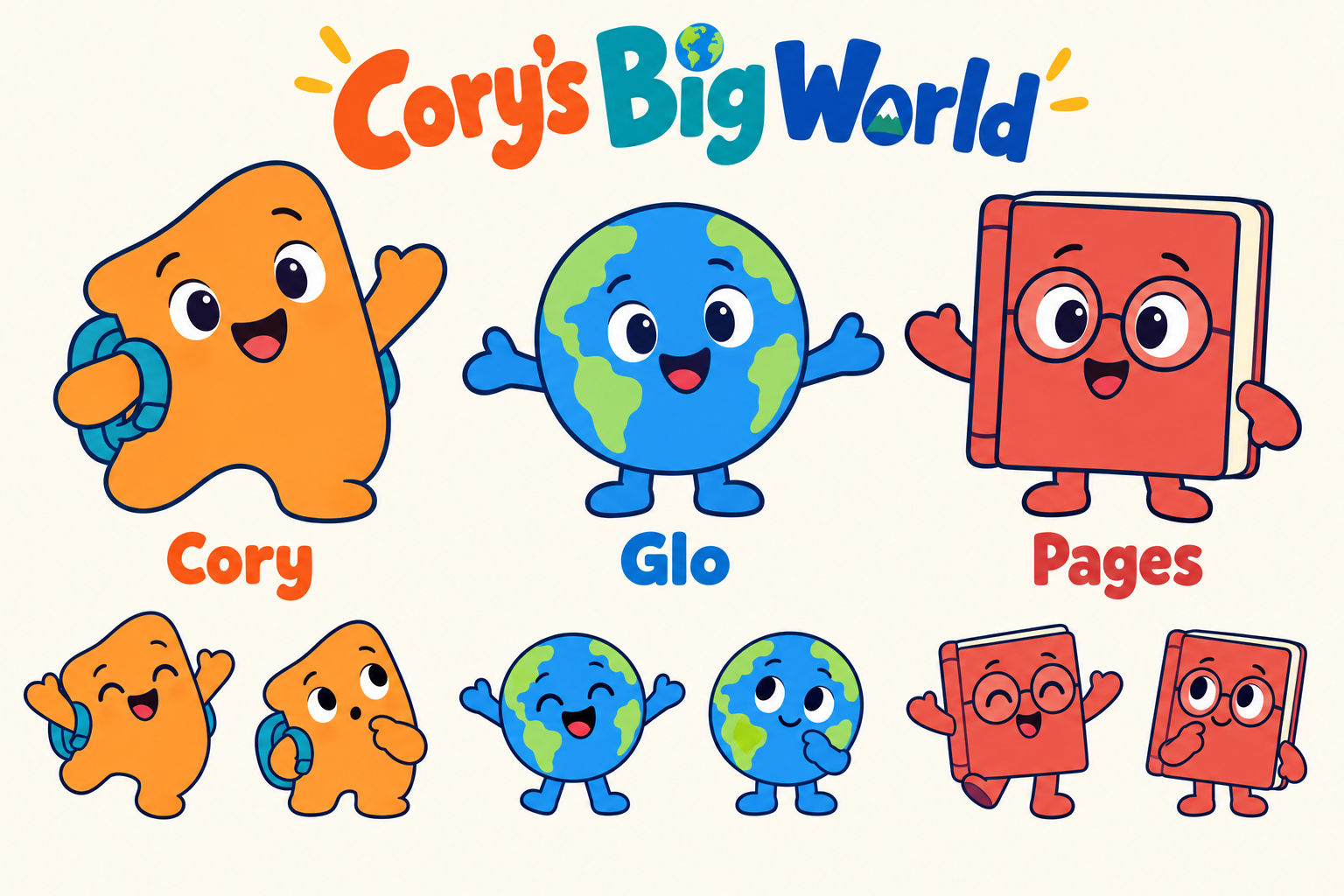 Cory’s Big World: Cory, an orange character with a blue backpack; Glo, a smiling globe; and Paige, a red book with glasses, shown in cheerful and curious poses.